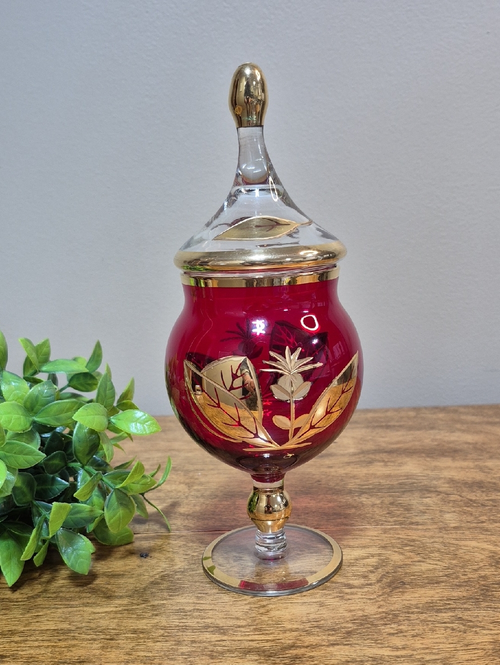 VINTAGE Ruby Red Lidded Pedestal Vase/ Candy Bowl Gold Tone Gilding Detail